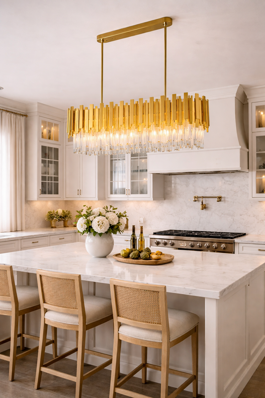 Regina Satin Brass Crystal Pendants - 80cm Long Satin Brass Chandelier ** New Arrival **