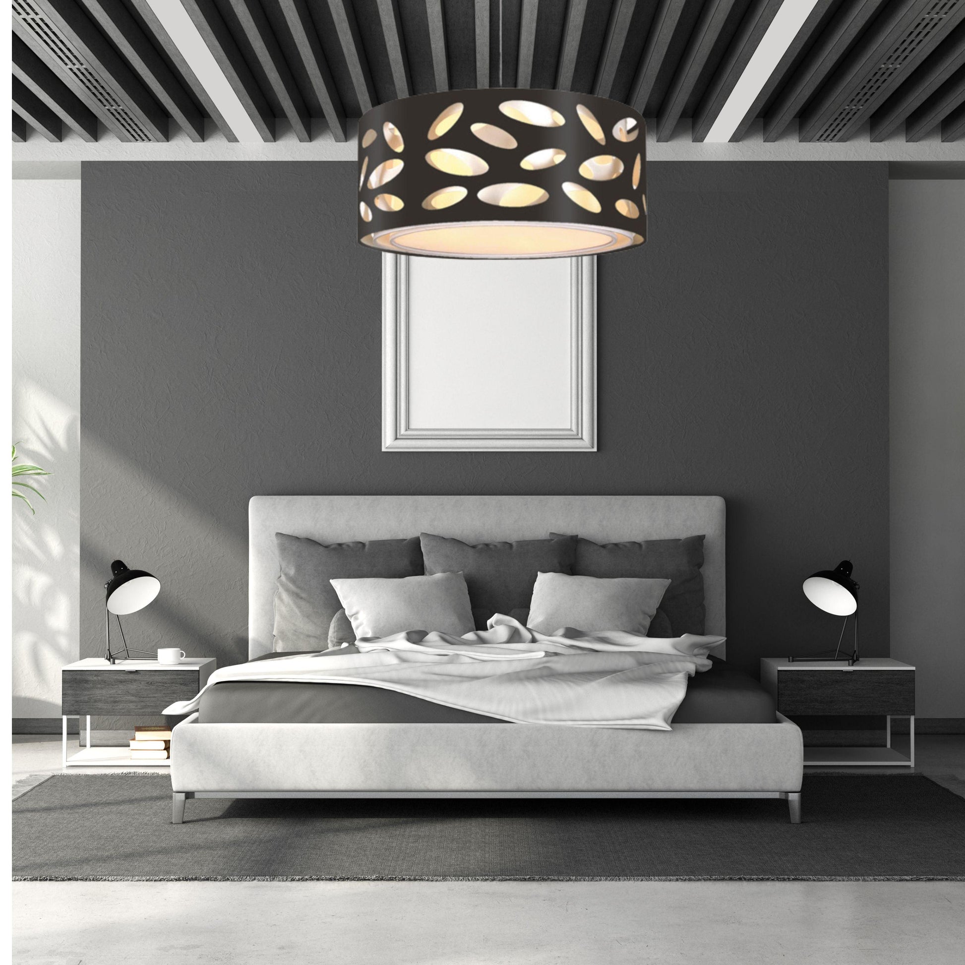 Carlo 55cm 3  Light Laser Cut Black Fabric Drum Pendant - V&M IMPORTS Australia